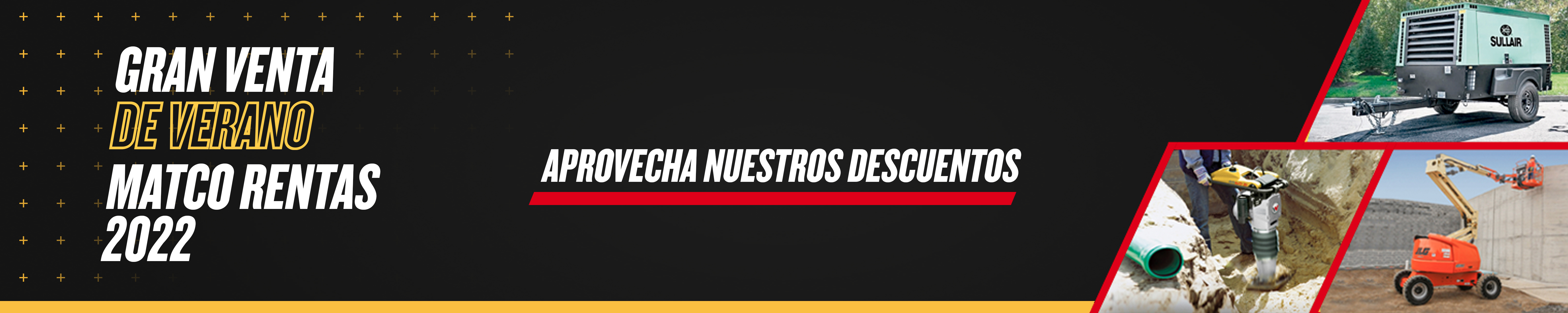 Banner principal de Matco Rentas mostrando maquinaria pesada: retroexcavadora, montacargas y plataforma de elevación